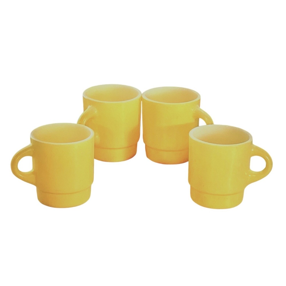 Lot 4 Fire King Anchor Hocking Milk Glass Stacking Mug Cup Yellow US Mid Century